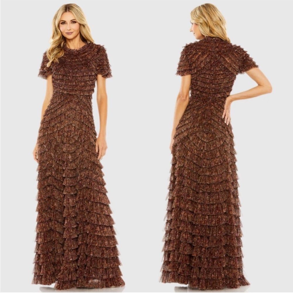 Mac Duggal 8042 Ruffle Tiered High Neck Dress NWT Chocolate Brown Multi Size 16